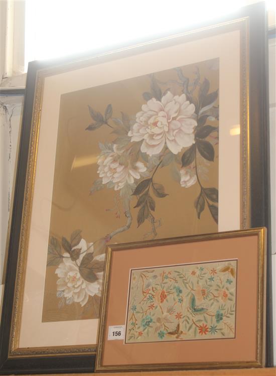 Japanese silk-embroidered panel with butterflies, bird and peonies & a Chinese watercolour of flowering magnolia(-)
